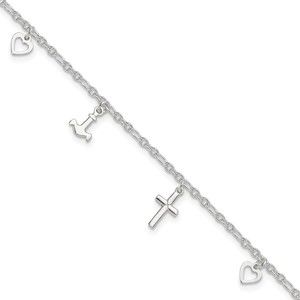 925 Sterling Silver Cross Charm Heart & Anchor Charm 9" + 1" ext Jewelry Anklet